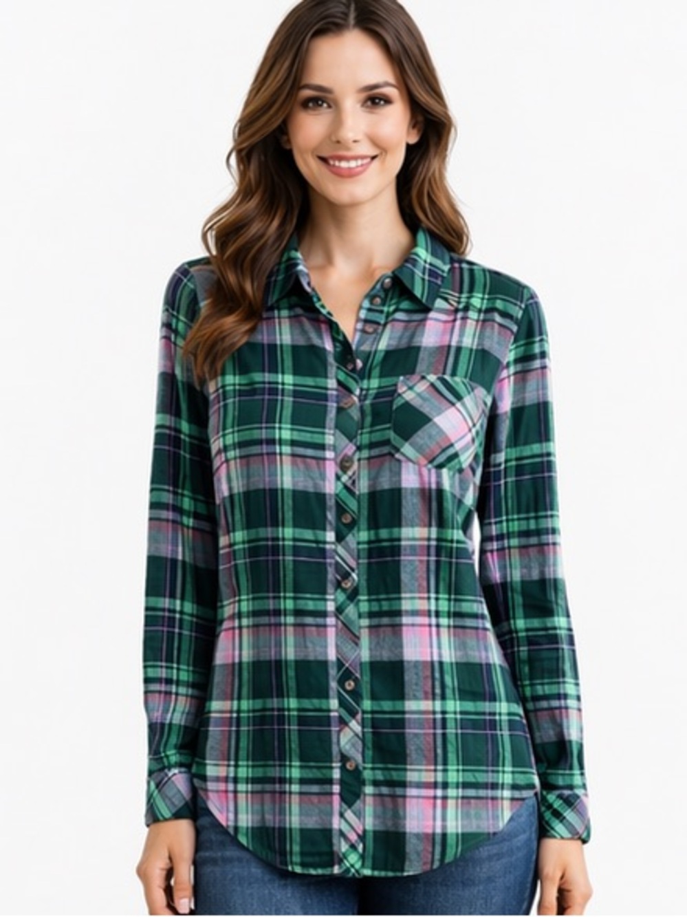 Sonoma Women's Green and Pink Plaid Button Down Flannel Shirt